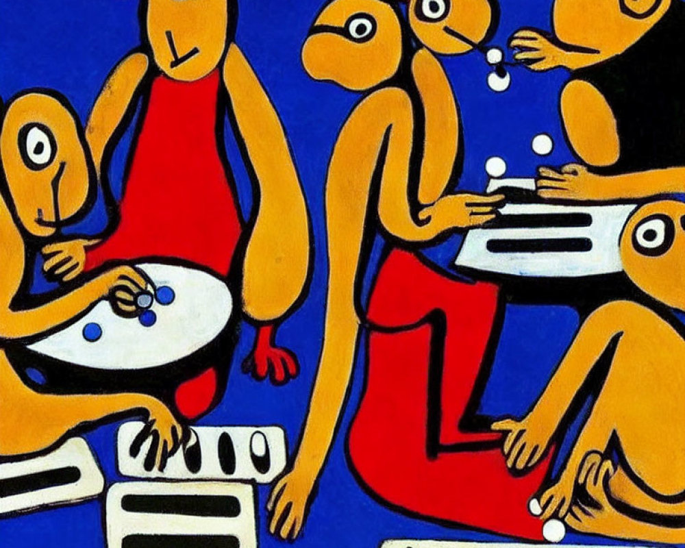 Colorful abstract painting: Four stylized figures with monkey-like features gathered around a table on blue background