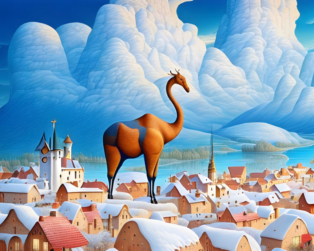 Majestic deer-like creature overlooking snowy village with church