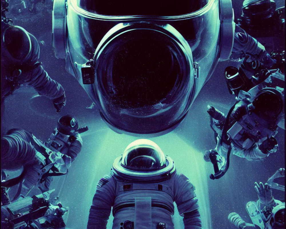 Astronauts Floating Around Central Figure in Blue Light