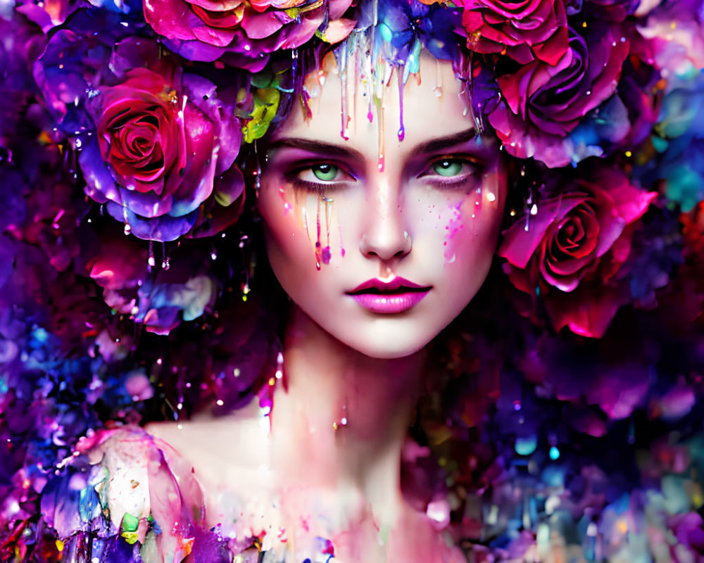 Digital artwork of woman with floral headdress and paint drips on purple background