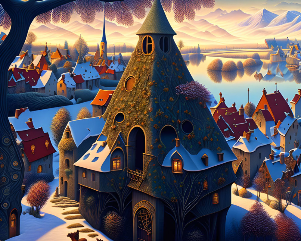 Fantasy village illustration: snow-covered rooftops, intricate treehouse, serene mountains