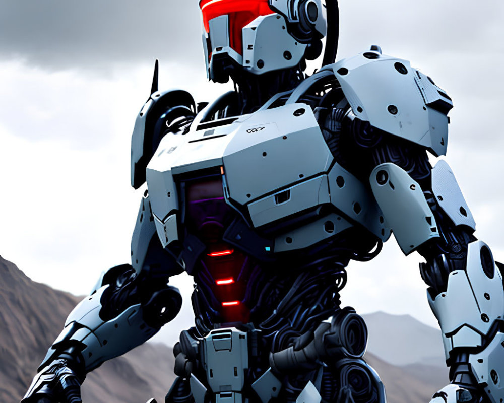 Futuristic robot with red visor and armored plating in mountainous setting