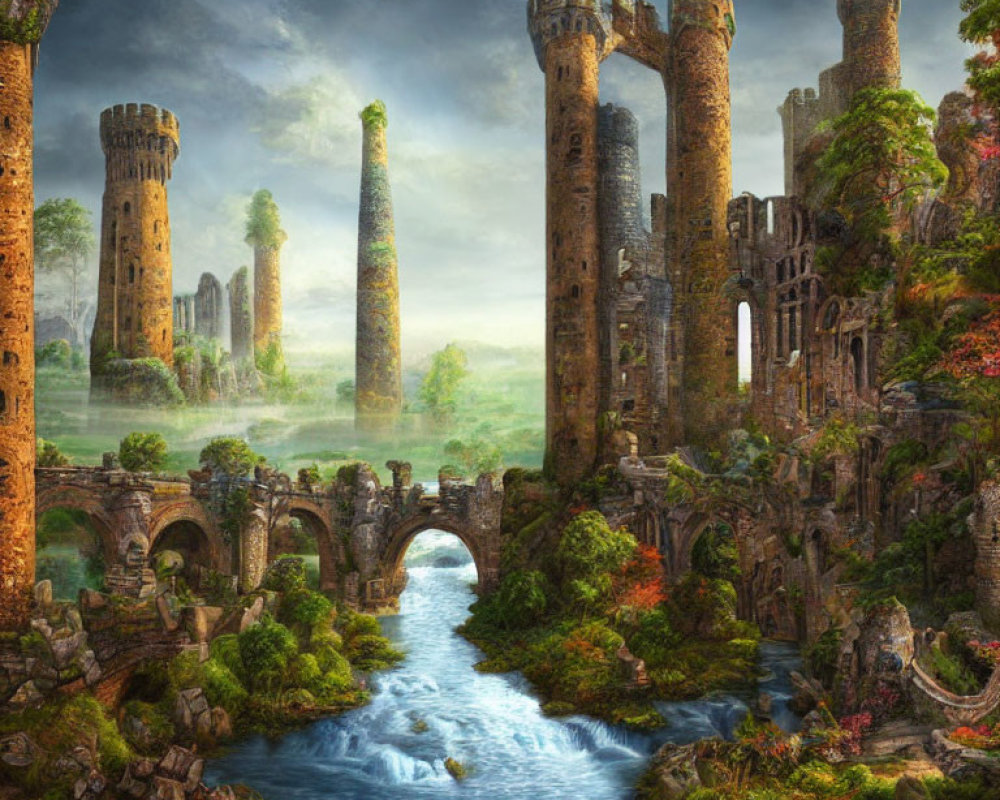 Ancient stone ruins and towers in lush green landscape with river and bridge.