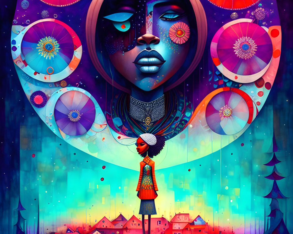 Surreal female portrait with cosmic and floral motifs and colorful houses.