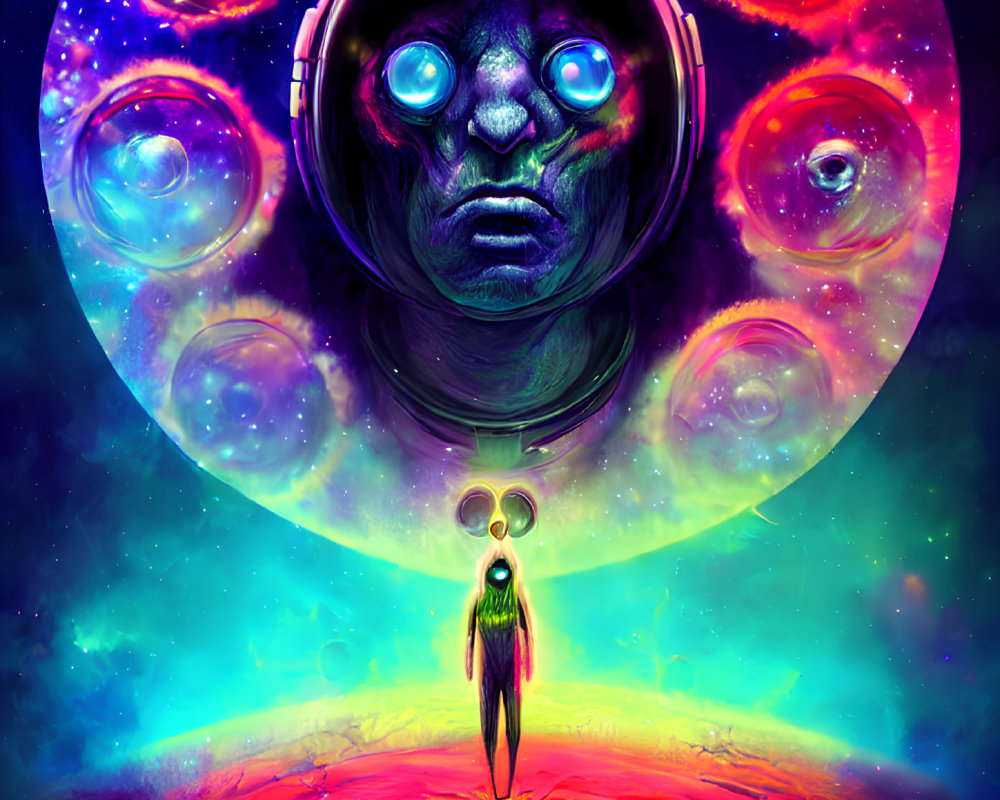 Colorful cosmic scene: large alien head, humanoid figure, planets, bubbles