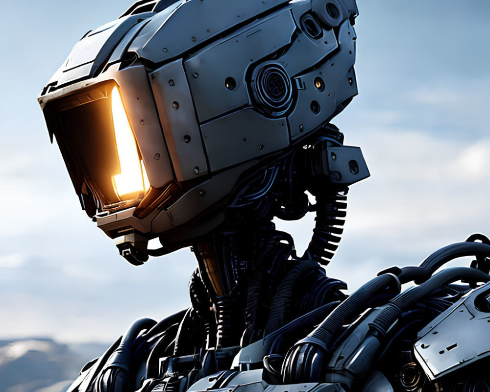 Futuristic robot head with glowing eyes and metallic armor on cloudy sky backdrop