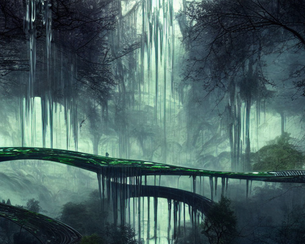 Mystical forest with dense fog and elevated walkway