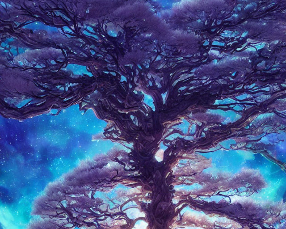 Majestic tree under starlit sky with purple and blue hues.