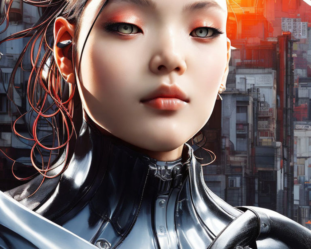 Digital Artwork: Woman with Green Eyes and Red Eyeshadow in Futuristic Attire against Urban