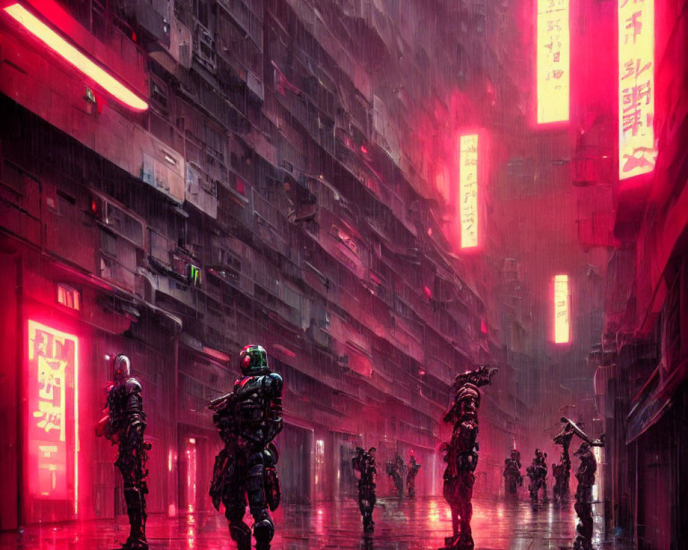 Neon-lit urban dystopian scene with futuristic soldiers