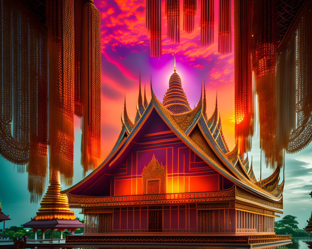 Traditional Thai Temple with Ornate Roofs at Sunset