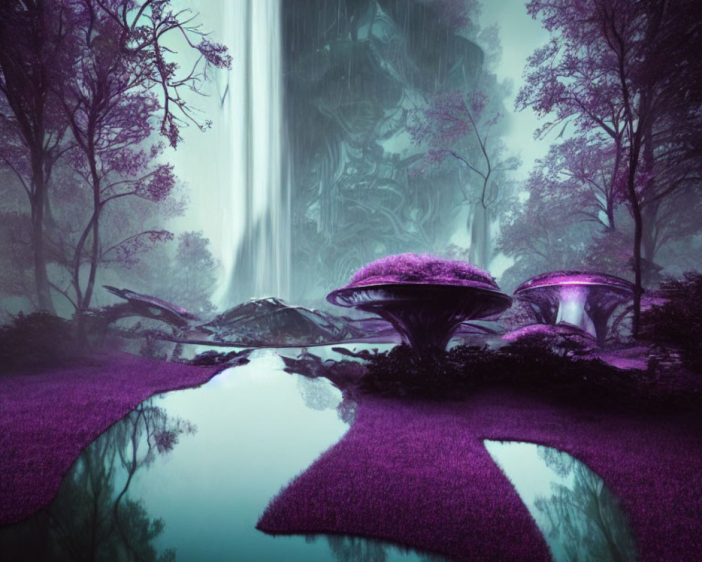 Enchanting forest scene with purple foliage, giant mushrooms, and misty waterfall