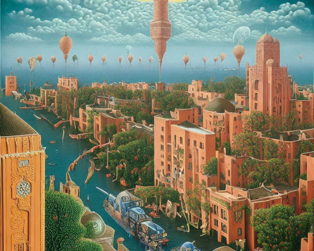 Surreal artwork of canal city with hot air balloons and vintage cars