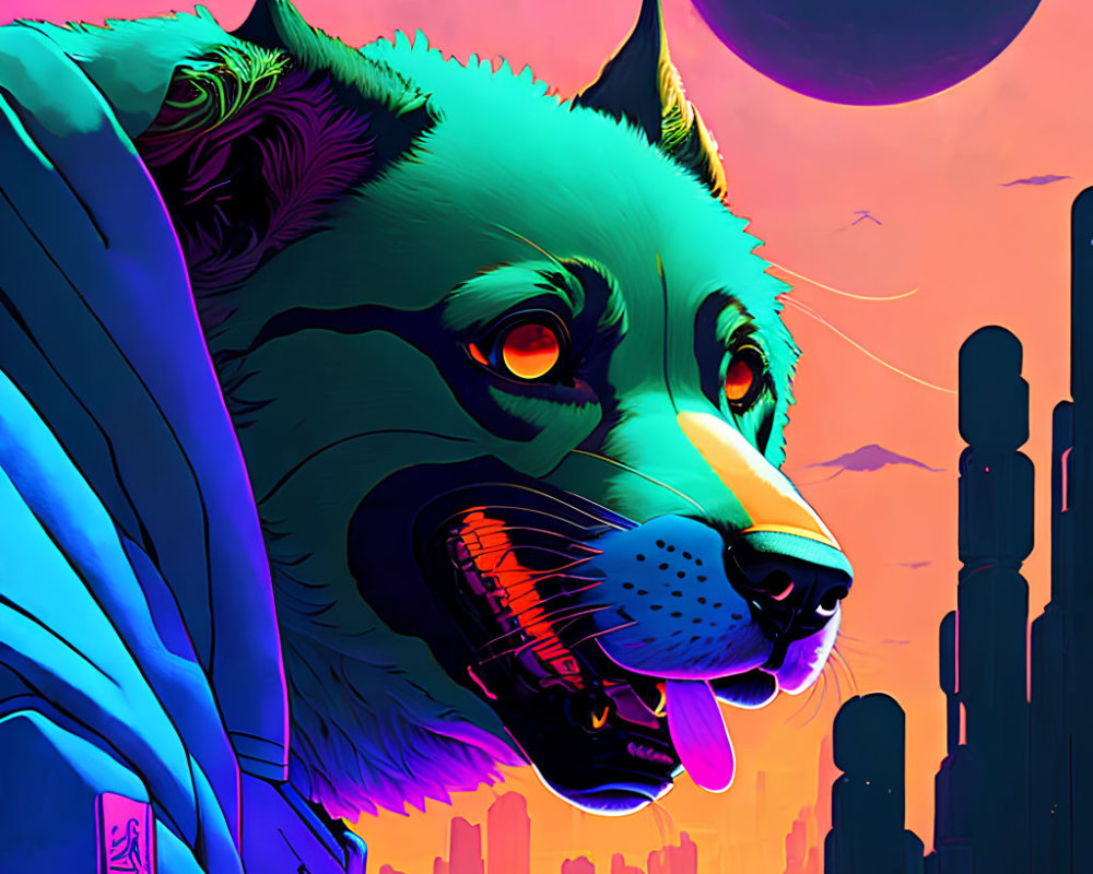 Colorful Dog in Blue Spacesuit Against Futuristic Cityscape