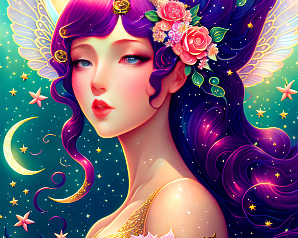 Fantasy illustration of female figure with purple hair, butterfly wings, floral adornments, stars, and