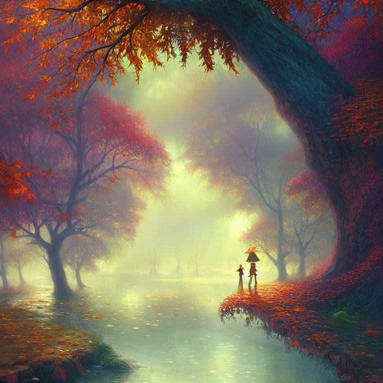 Autumn scene: Two people with umbrella by misty river.