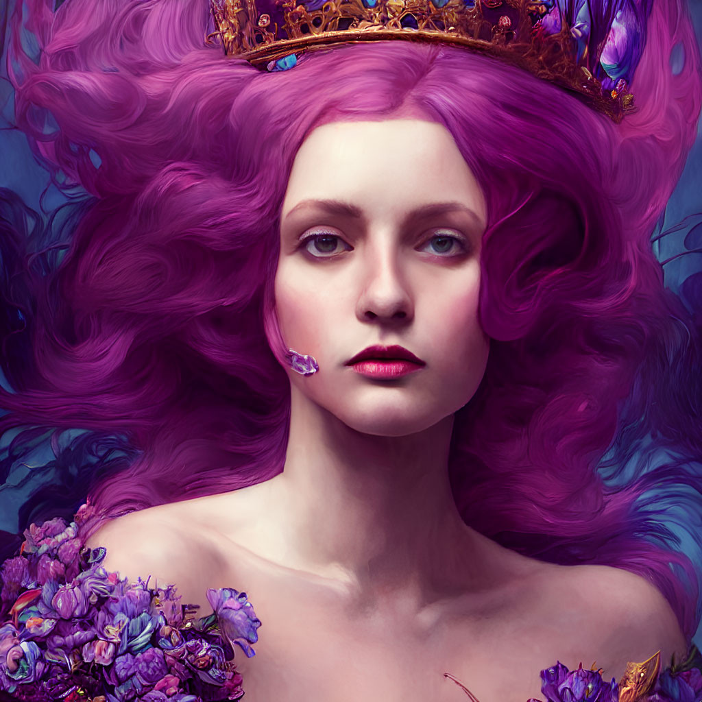 Pink-haired woman with crown surrounded by purple flowers and butterfly.