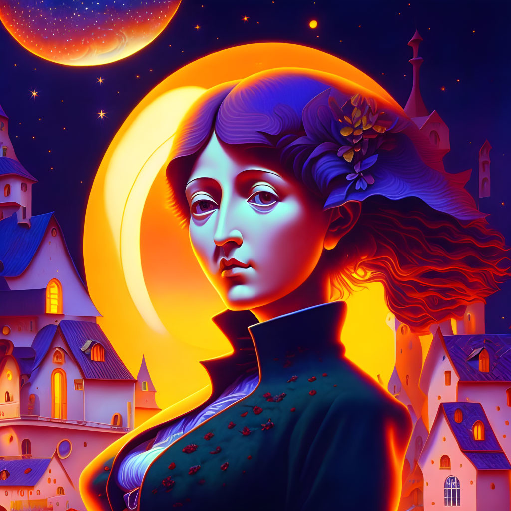 Stylized portrait of woman with glowing moon halo in vibrant blue and orange hues