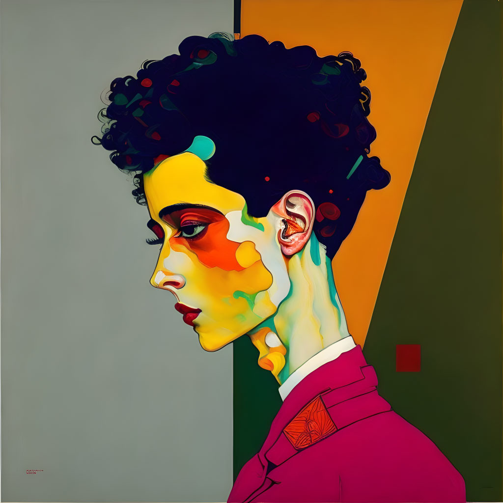 Colorful profile portrait with curly hair on geometric backdrop.