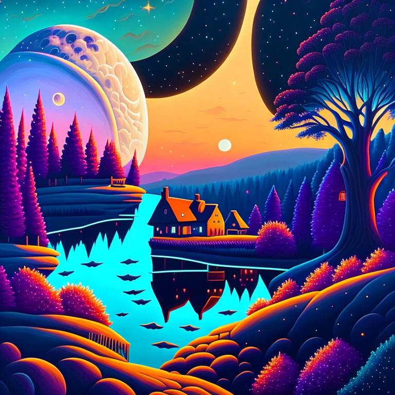 Colorful Nighttime Landscape with Moon, Trees, River & Stars