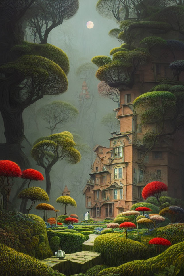 Whimsical forest scene with crooked building and oversized mushroom-like trees