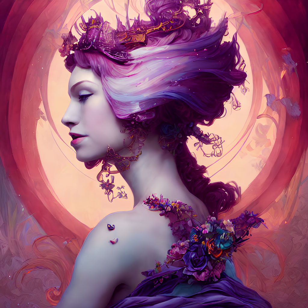 Illustration: Woman with Purple Hair and Floral Crown in Surreal Setting