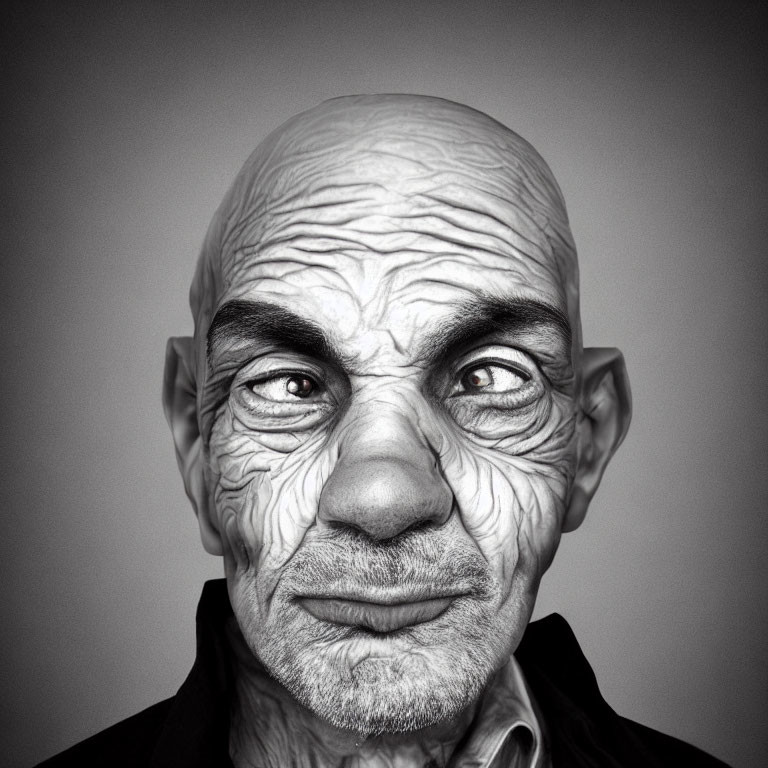 Monochrome portrait of bald person with textured skin and wrinkles