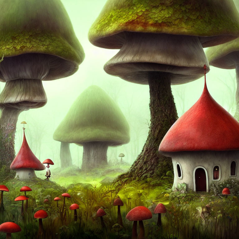 Forest Scene with Oversized Mushroom Structures and Toadstools