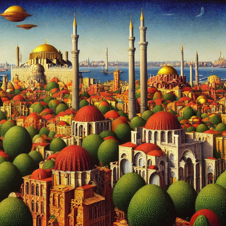 Surreal cityscape: Istanbul landmarks with avocado domes under crescent moon