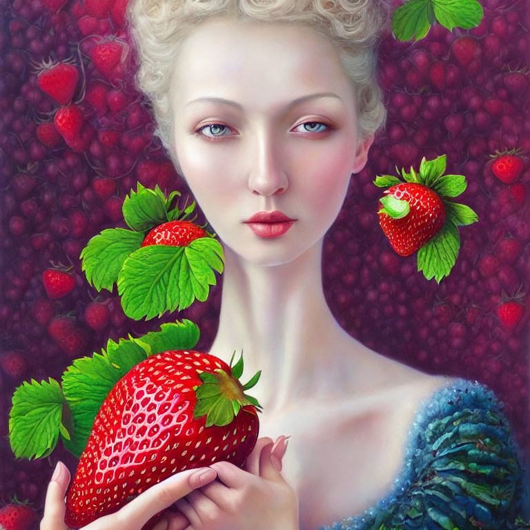 Surreal portrait of person with pale skin holding giant strawberry