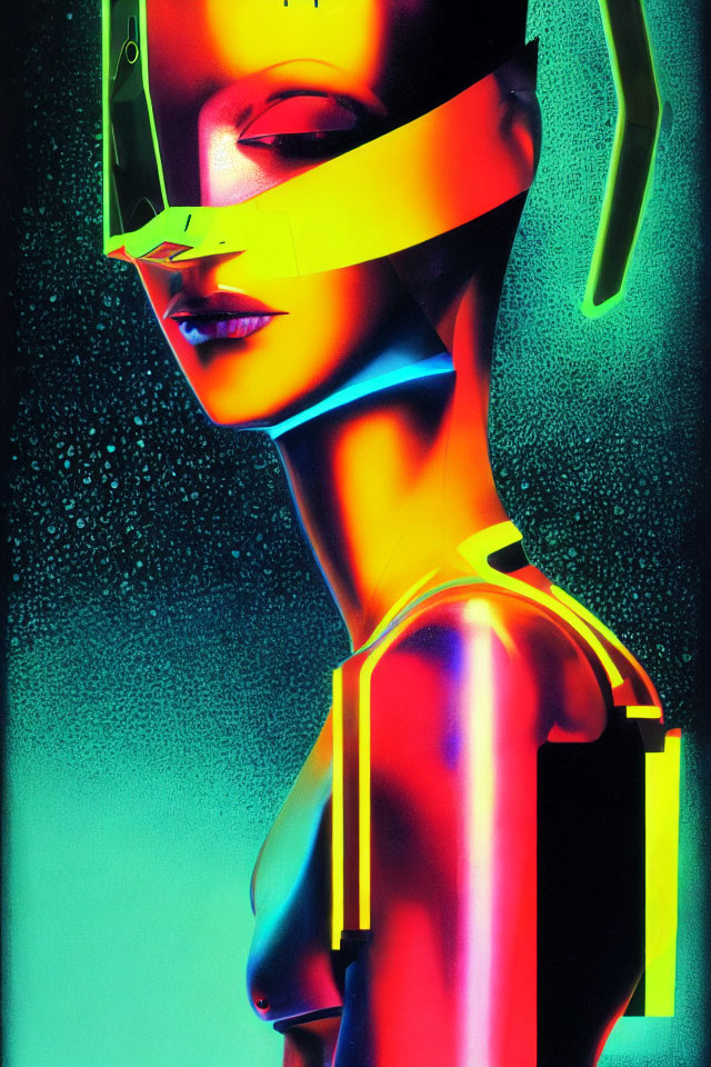 Futuristic female figure with neon-lit visor sunglasses in cyberpunk style