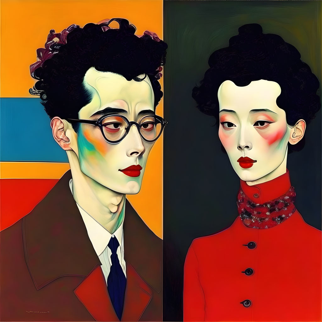 Colorful Stylized Portrait of Man and Woman Against Segmented Background