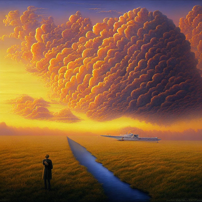 Person in golden field views orange cloud over cruise ship & river.