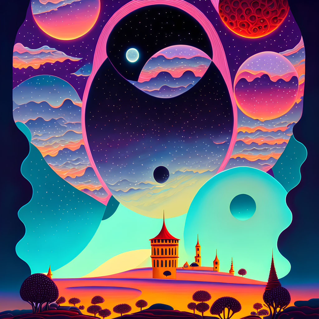 Fantasy landscape with castle, trees, multiple moons, swirling patterns, colorful palette