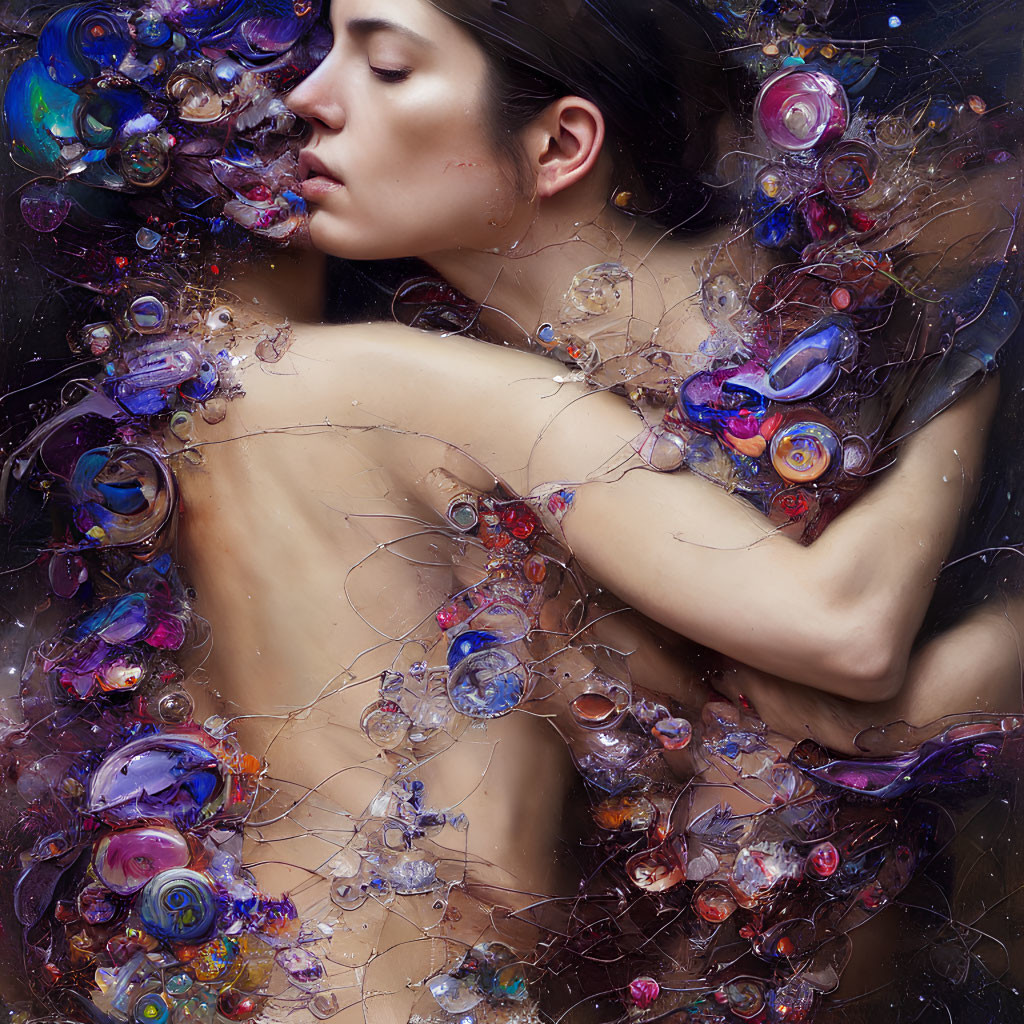 Woman surrounded by iridescent bubbles and circular artifacts in collage