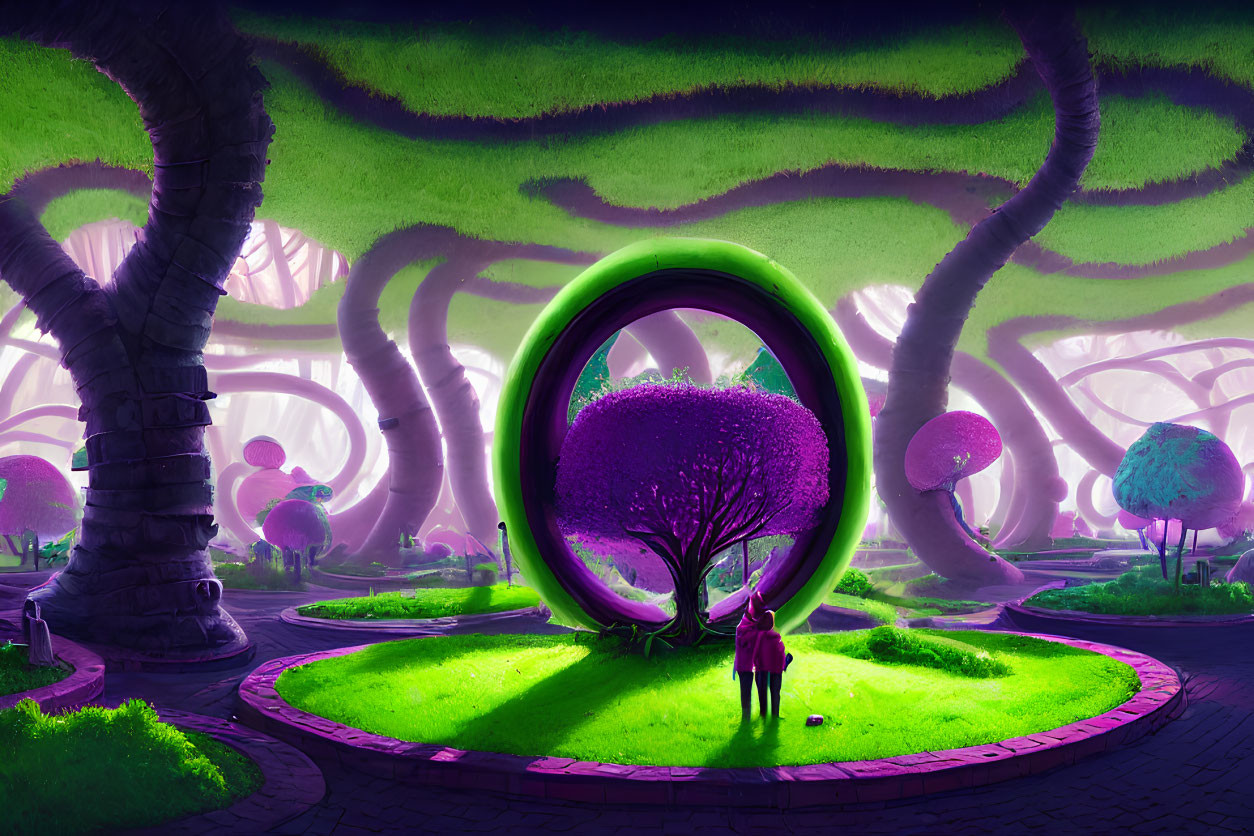 Surreal landscape with twisted trees and glowing portal