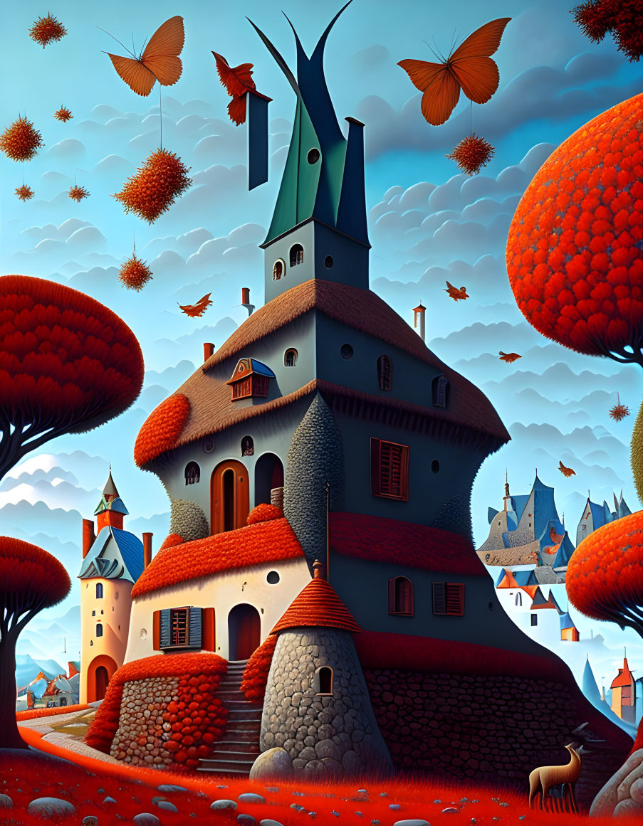Illustration of whimsical storybook landscape with towering house and orange trees