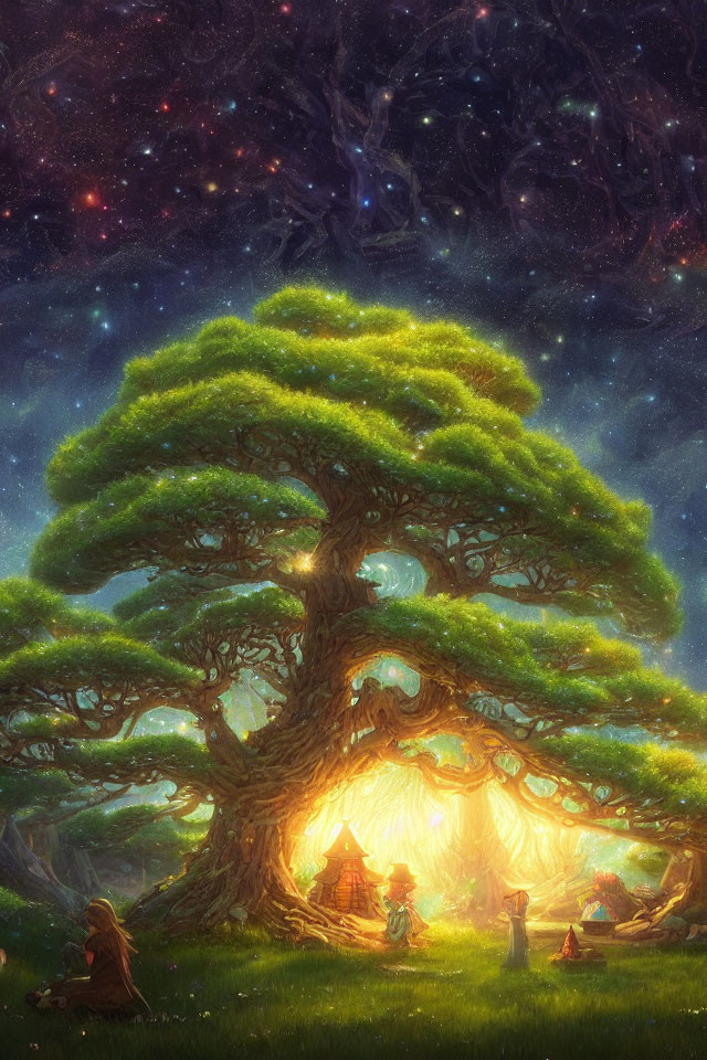 Enchanting grand tree scene under starry sky with figures and small dwellings