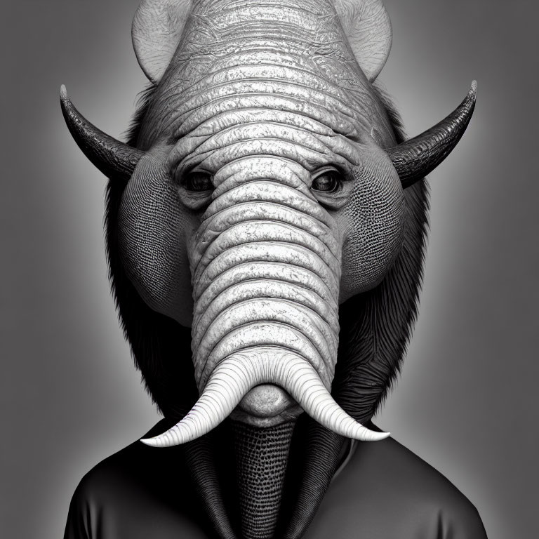 Human Figure Blended with Elephant Head on Grey Background