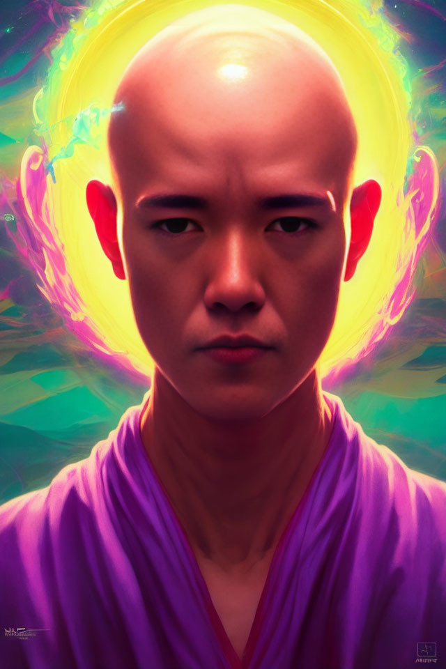 Bald Figure in Purple Robe with Intense Gaze and Glowing Aura