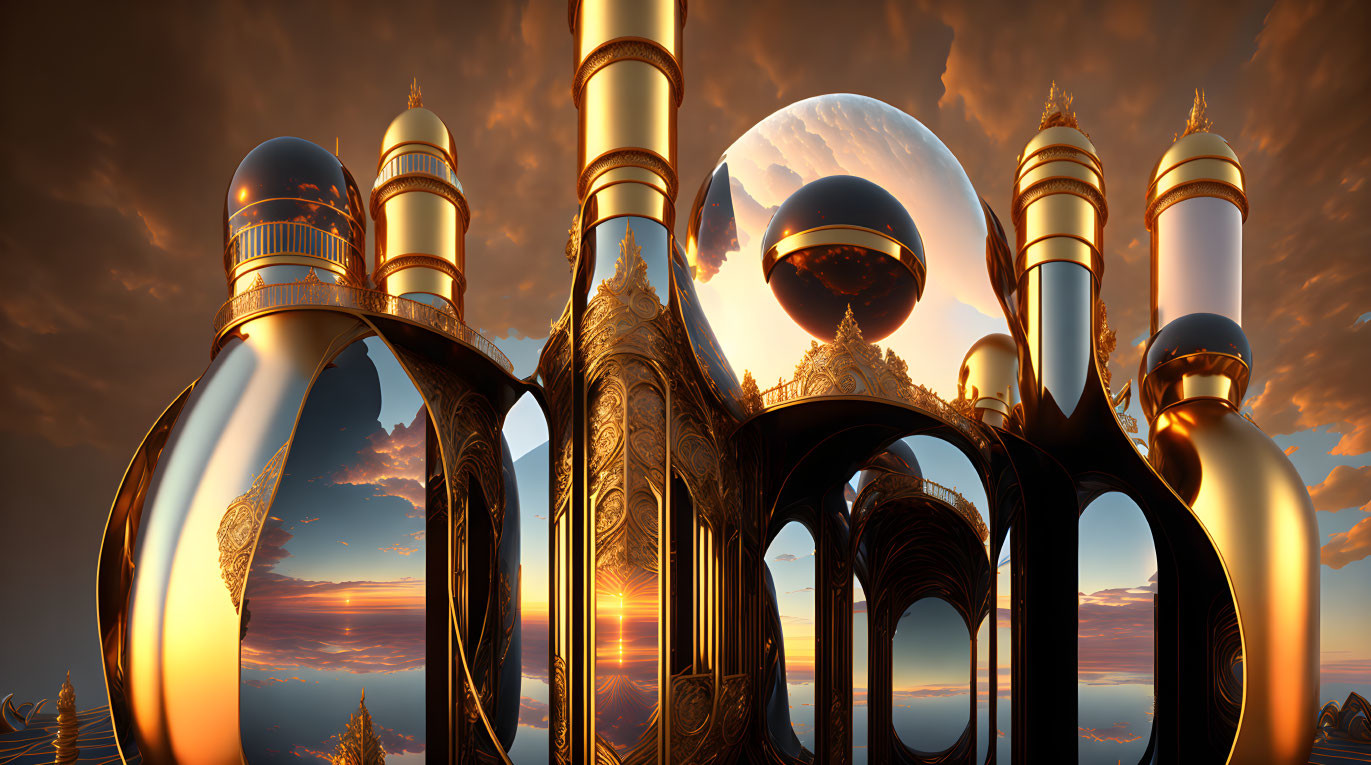 Golden futuristic architecture with domes and arches under dramatic sky and reflective water