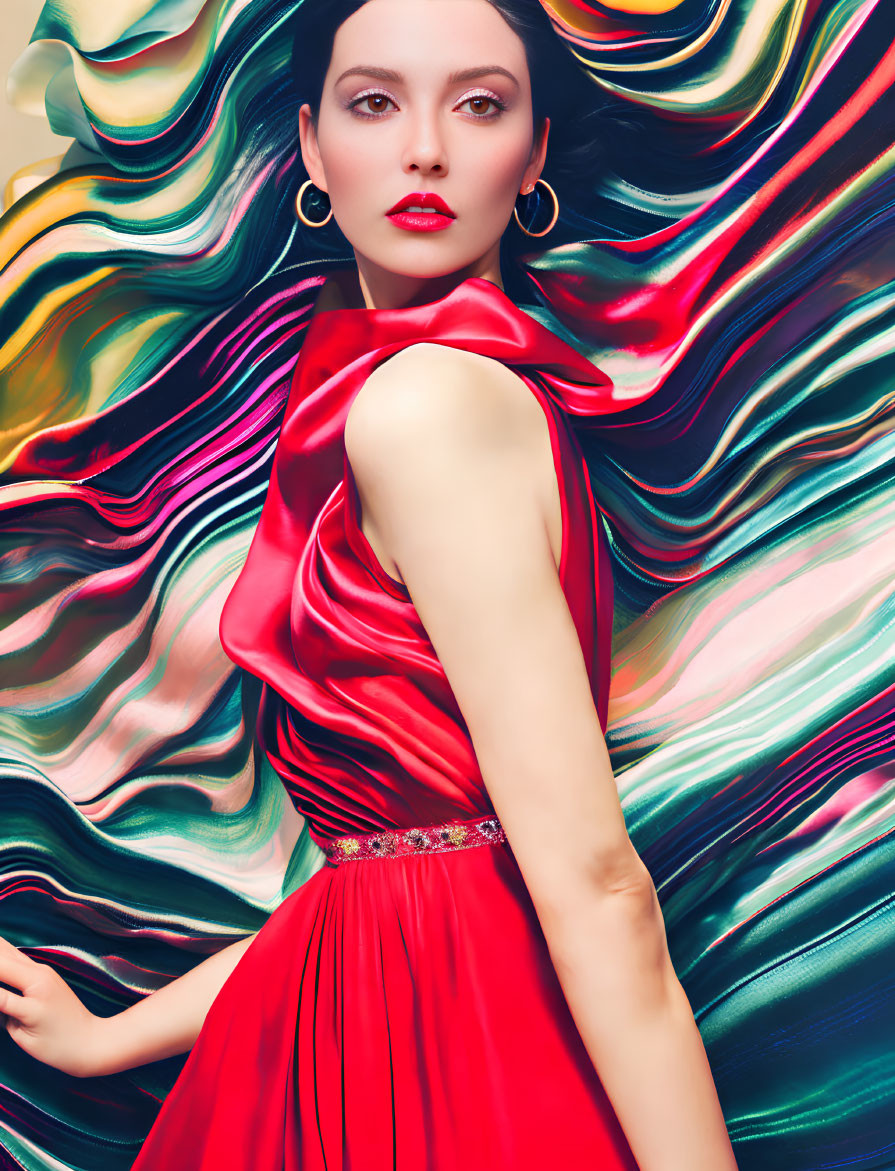 Elegant woman in red dress with vibrant multicolored backdrop