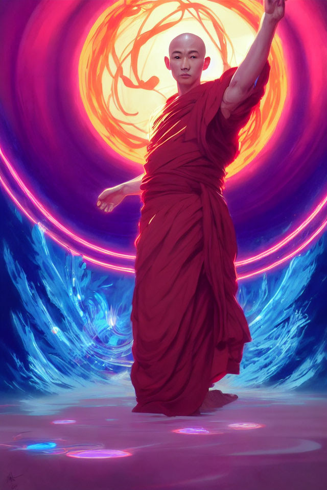 Bald Figure in Red Robes Raises Arm Against Swirling Energy