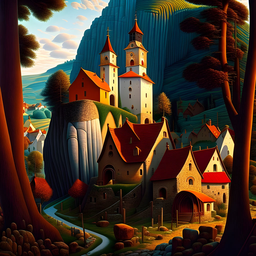 Colorful Stylized Illustration of Quaint Village at Sunset