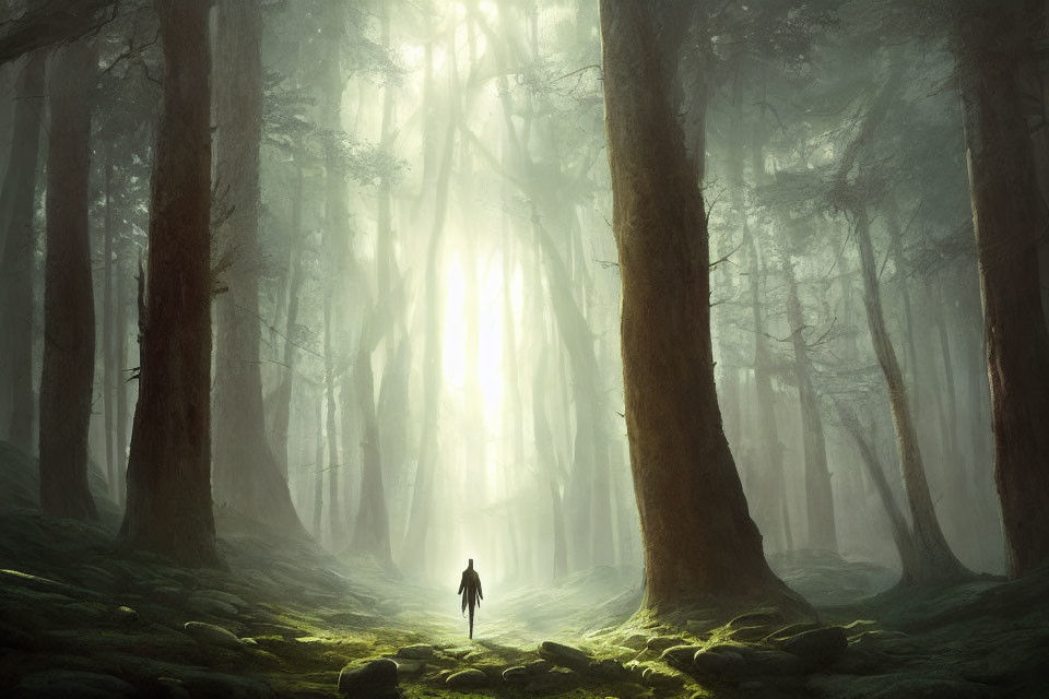 Misty forest with sun rays and tall trees