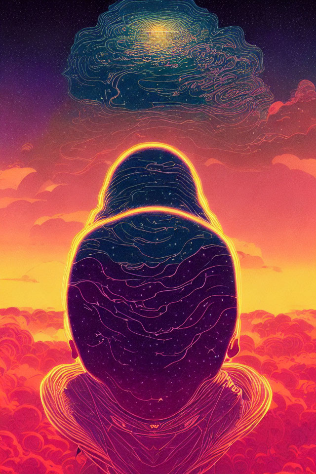 Person meditating in cosmic sunset colors with celestial patterns