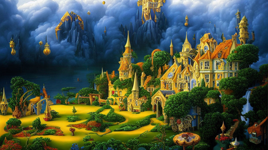 Fantasy Landscape with Whimsical Architecture and Floating Islands