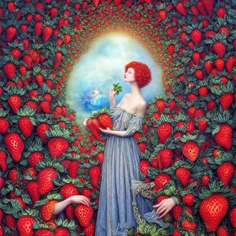 Red-haired woman in blue gown holding bird amidst surreal strawberry backdrop