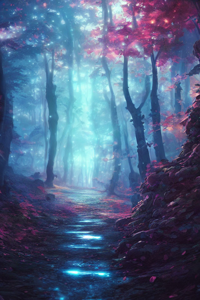 Vibrant blue and pink mystical forest path with luminous foliage