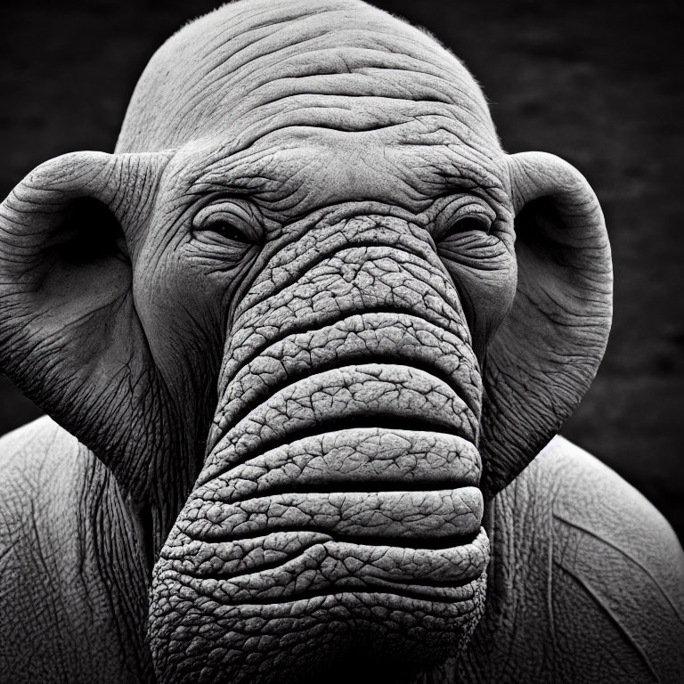 Monochrome close-up portrait of textured elephant skin